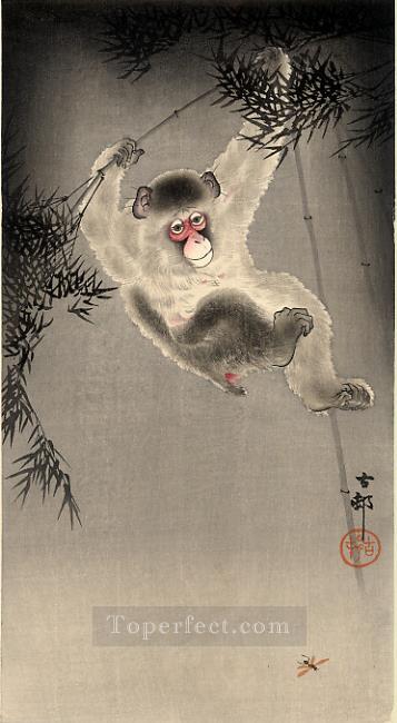 monkey swinging from a bamboo branch observing a fly Ohara Koson Oil Paintings